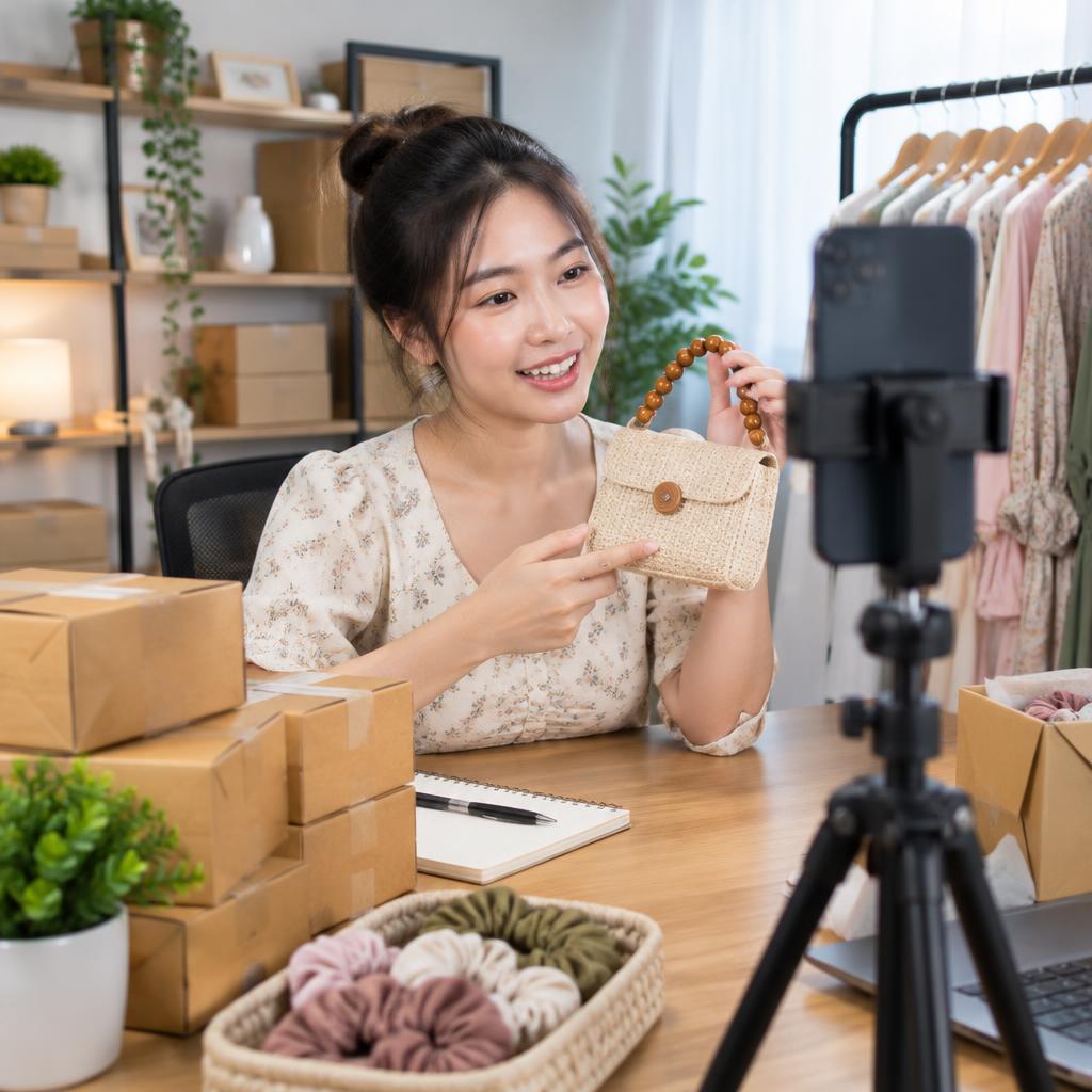 Minh hoạ người bán hàng livestream bằng điện thoại trên tripod